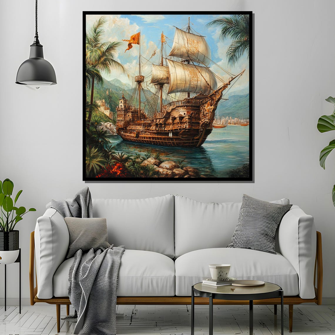 Ornate Medieval Carrack, Tropical Port Sailing Art Print - Image 2