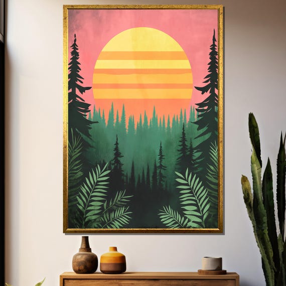 Retro Sunset Forest, Mid Century Nature Art Print