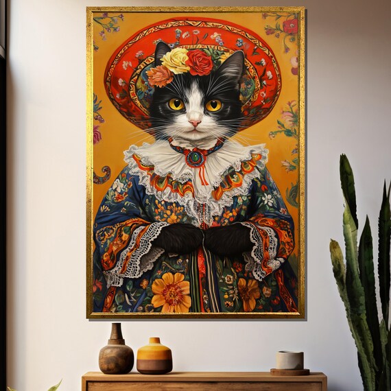 Mexican Cat Art Print, Traditional Folk Costume
