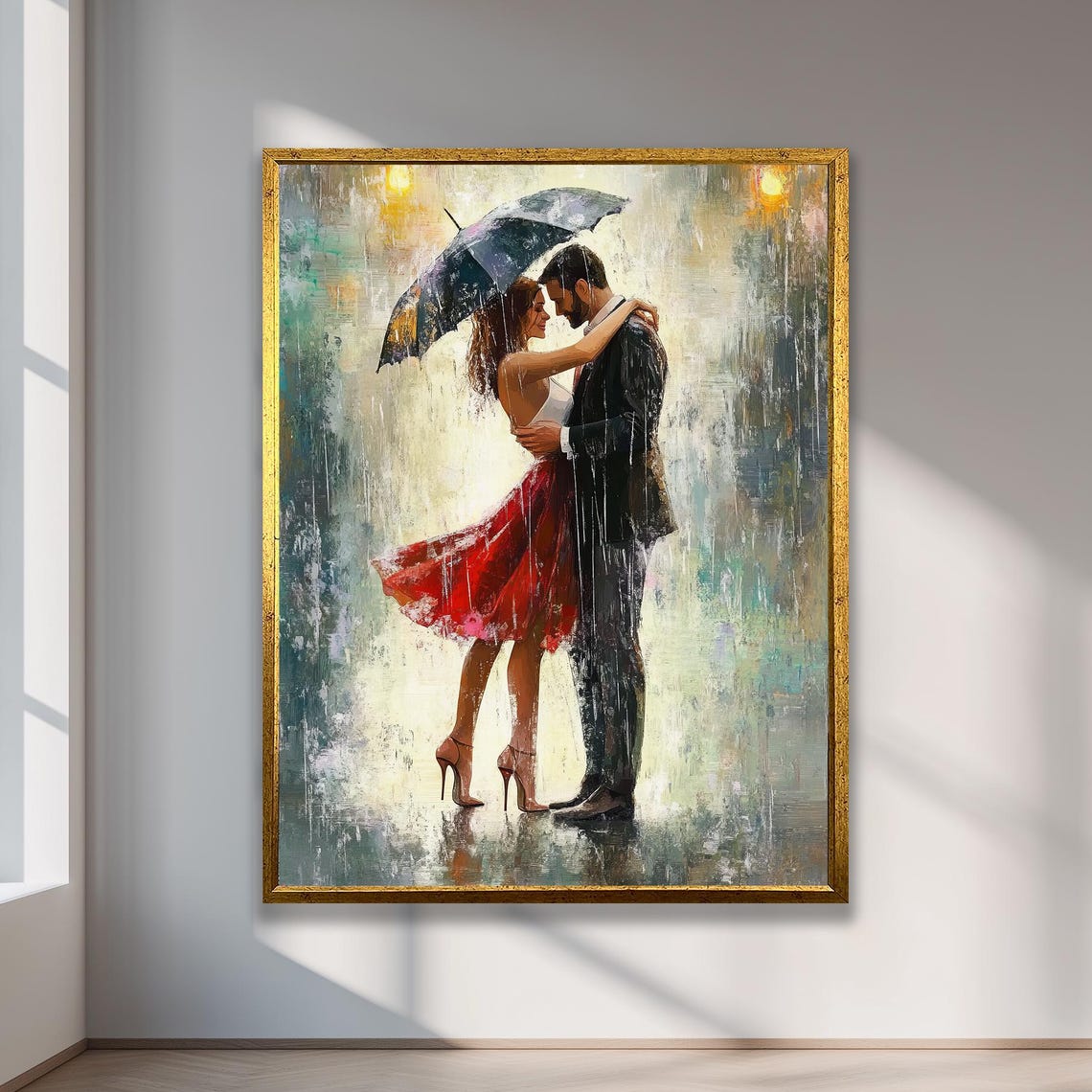 Romantic Couple Dancing in the Rain Under One Umbrella Poster
