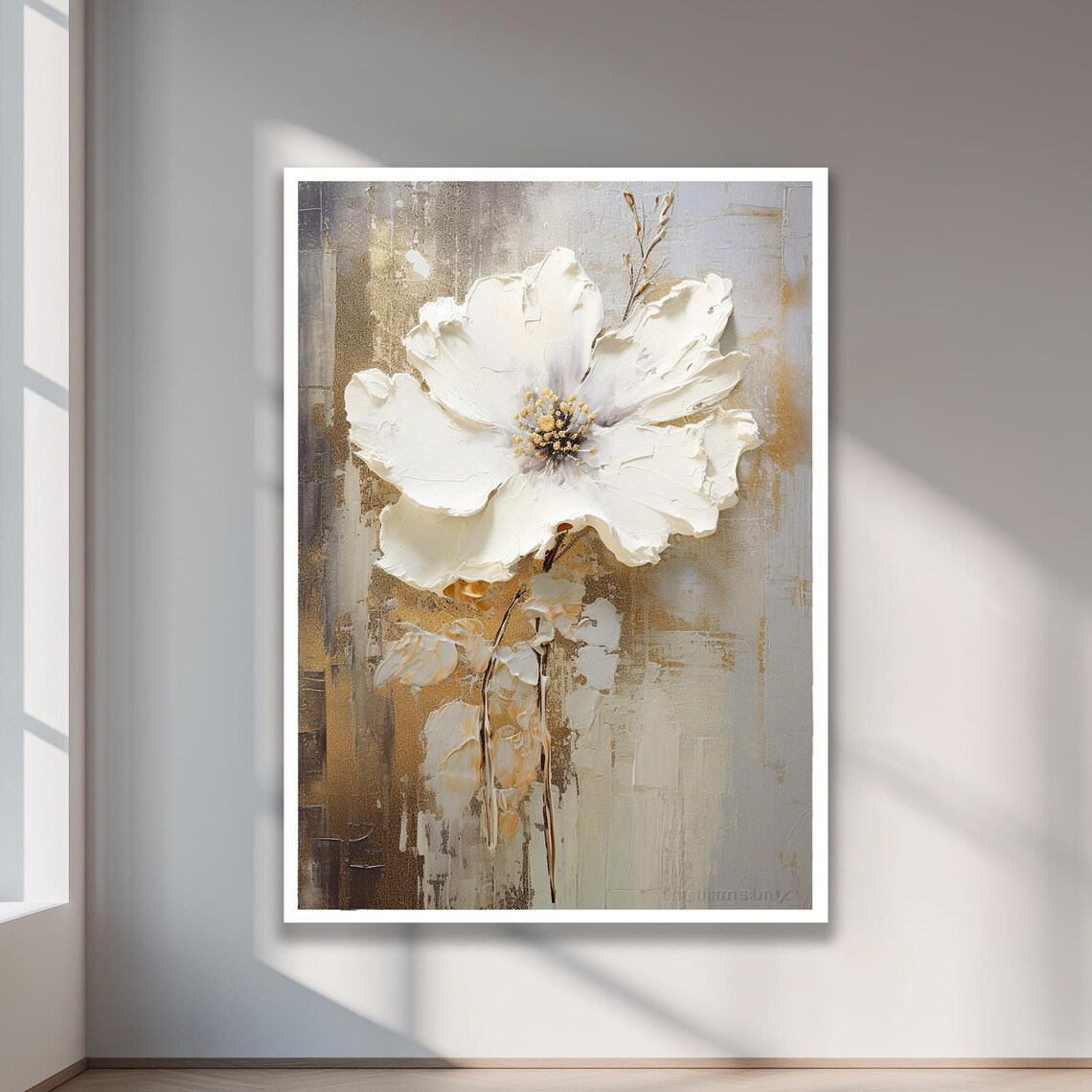 Elegant White Flower Textured Impasto Floral Gold Painting Poster