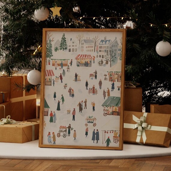 Vintage Christmas Market Festive Crowd Stalls Illustration Holiday Poster