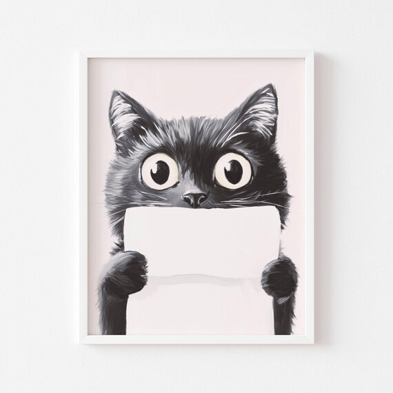Funny Wide Eyed Black Cat Holding Toilet Paper Bathroom Poster