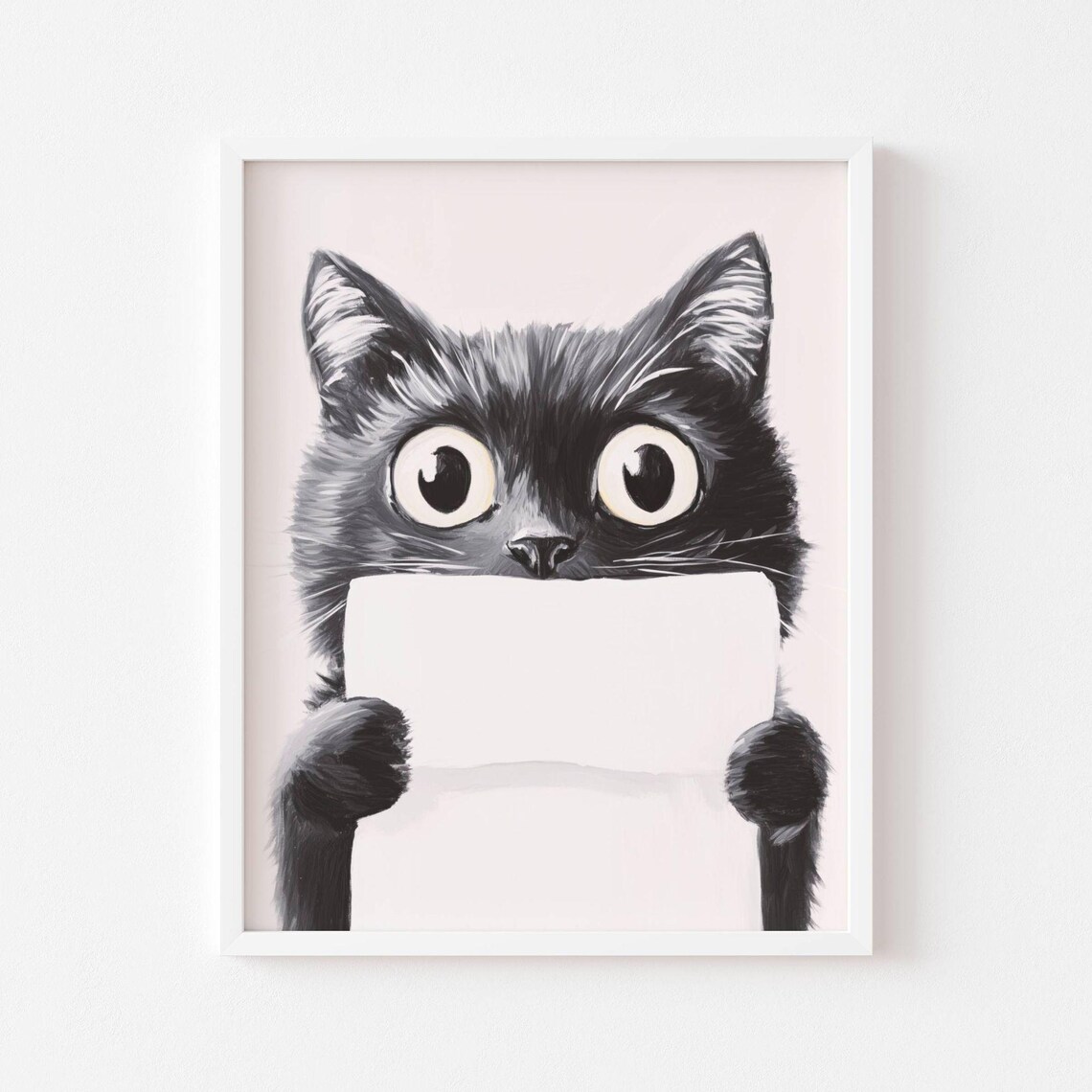 Funny Wide Eyed Black Cat Holding Toilet Paper Bathroom Poster