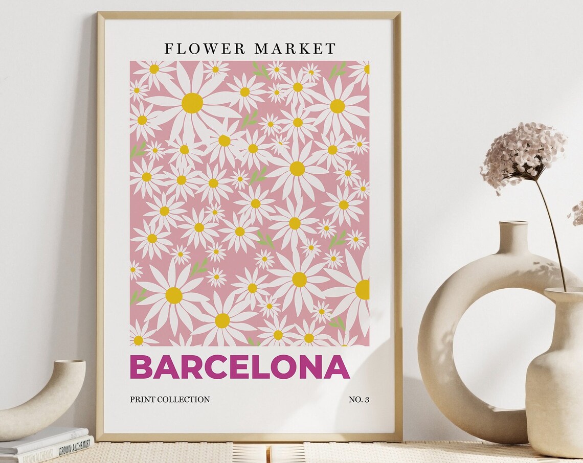 Barcelona Flower Market White Daisies Botanical Retro City Art Poster - Image 7
