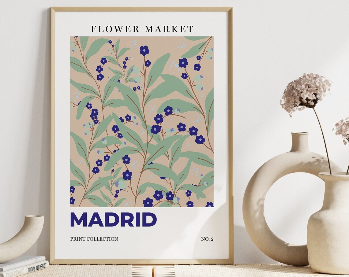 Madrid Flower Market Blue Berries Botanical Retro City Art Poster - Image 7