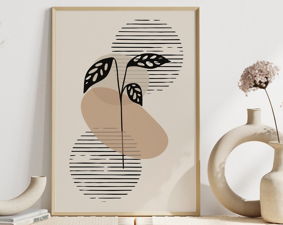 Abstract Botanical Black Leaf Tan Shapes Minimalist Wall Poster