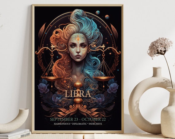 Zodiac Libra Print Astrology Star Sign Boho Decor Celestial Print Gift For Friend Birthday Mystical Dark Decor Libra Star Sign Art