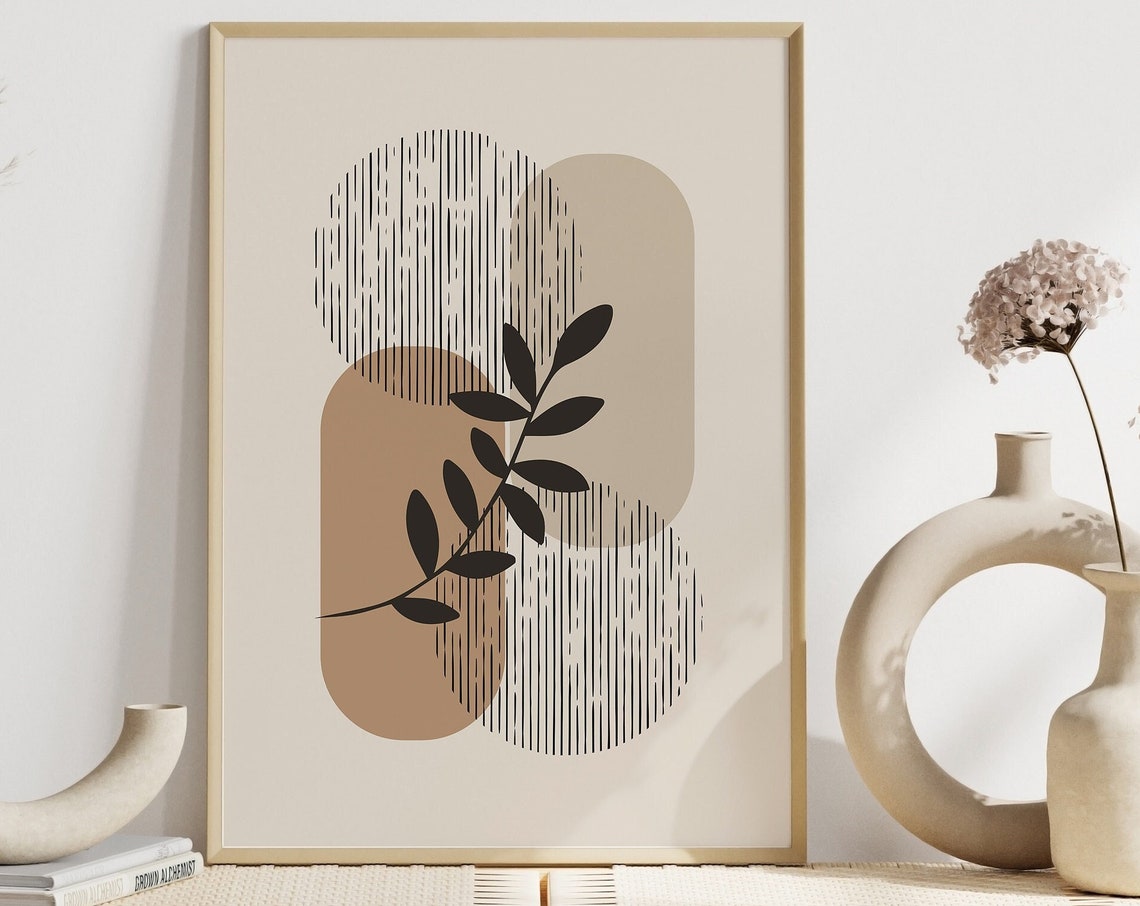 Black Leaf Sprig Beige Arches Minimalist Geometric Plant Poster
