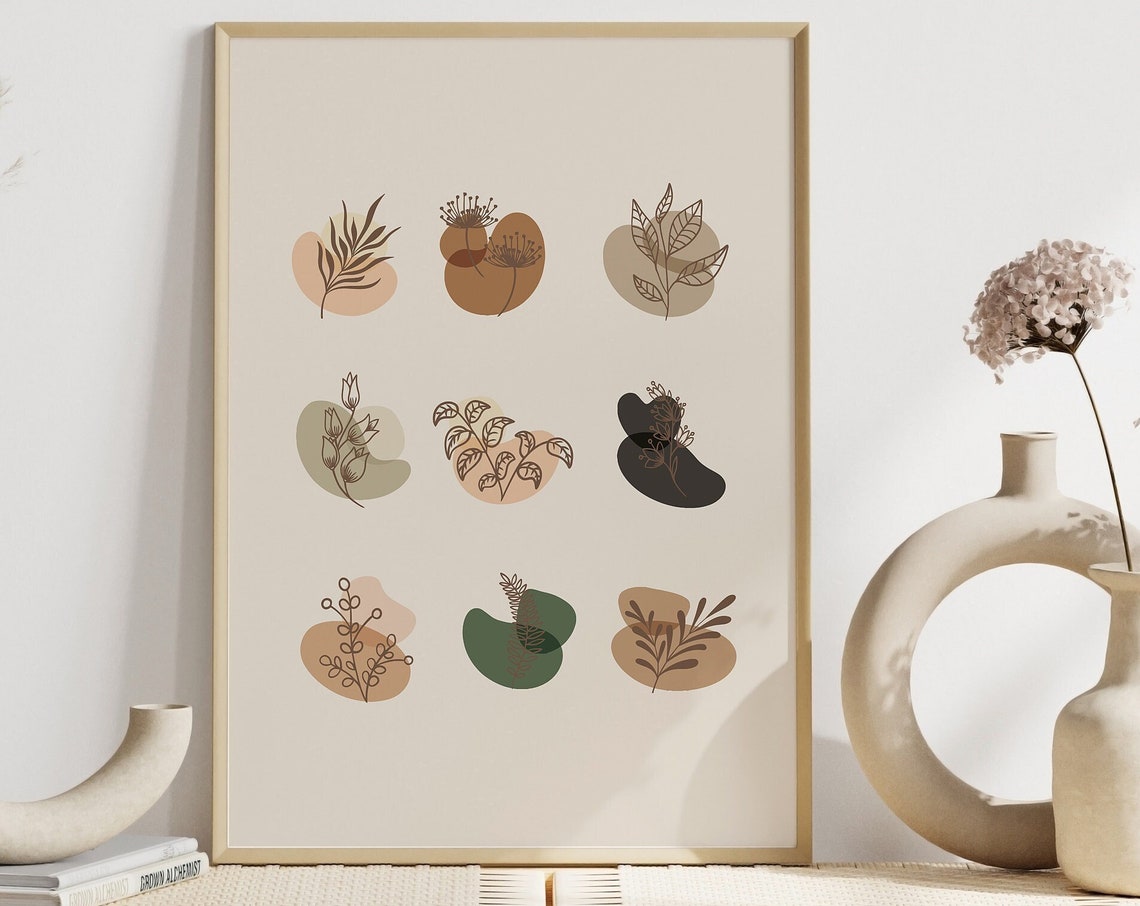 Nine Botanical Leaf Illustrations Beige Minimalist Plant Poster