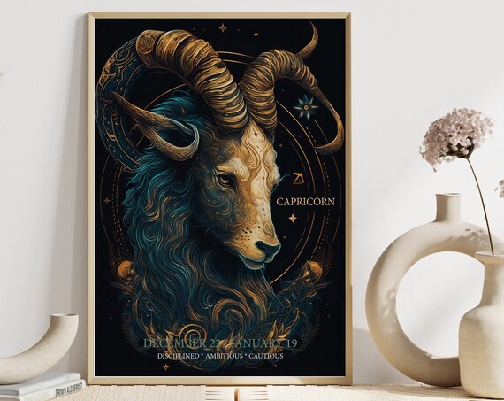 Capricorn Zodiac Goat Gold Celestial Astrology Star Sign Poster