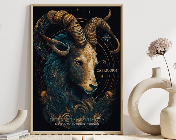 Zodiac Capricorn Print Astrology Star Sign Boho Decor Celestial Print Gift For Friend Birthday Mystical Dark Decor Capricorn Art