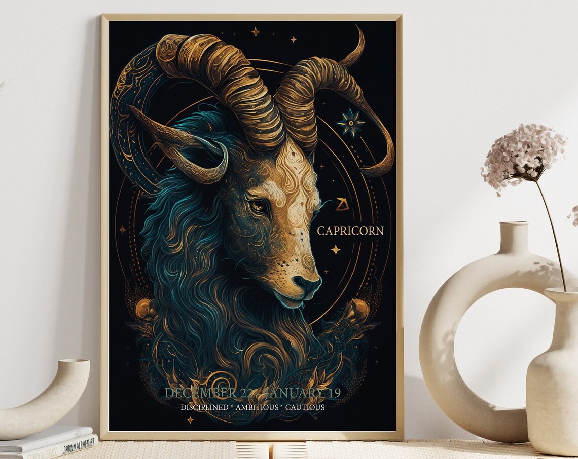 Capricorn Zodiac Goat Gold Celestial Astrology Star Sign Poster