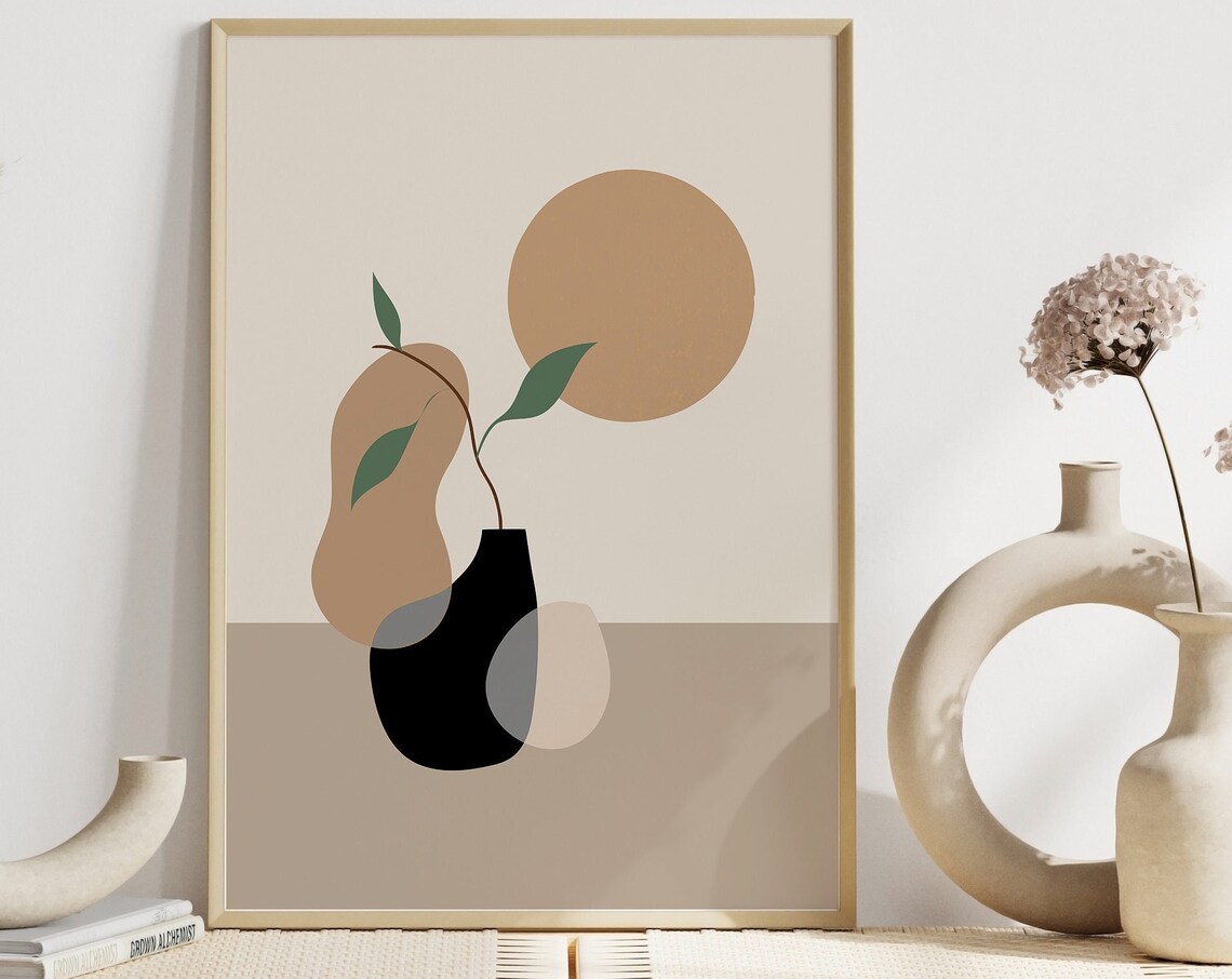 Abstract Vase Green Branch Sun Neutral Modern Still Life Poster