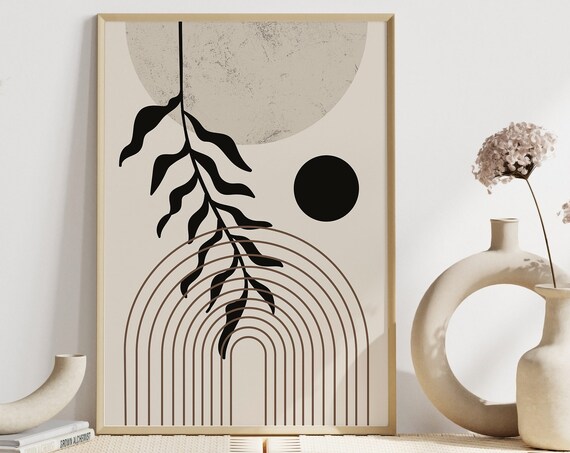 Abstract Modern Boho Wall Art Print Boho Style Poster Boho Floral Print Geometric Decor Beige Black Rainbow Print