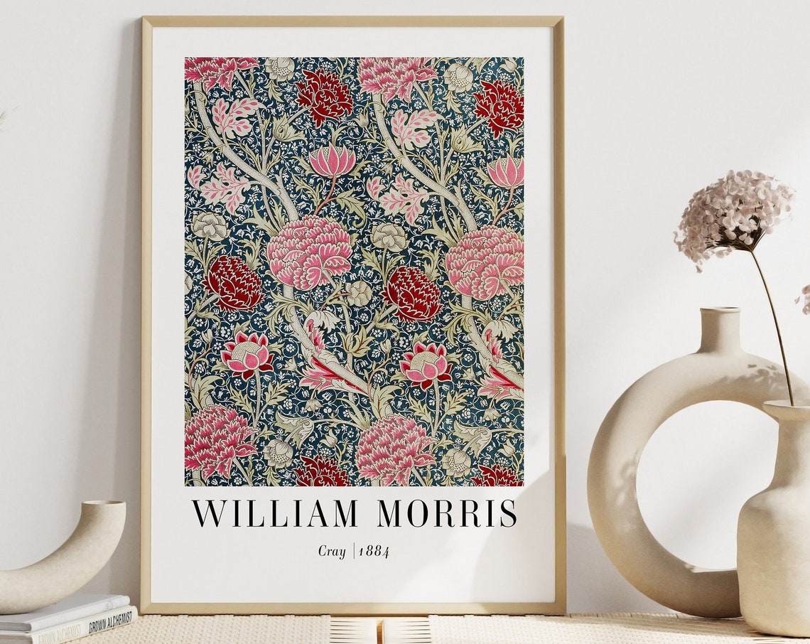 William Morris Cray 1884 Pink Floral Teal Pattern Vintage Poster