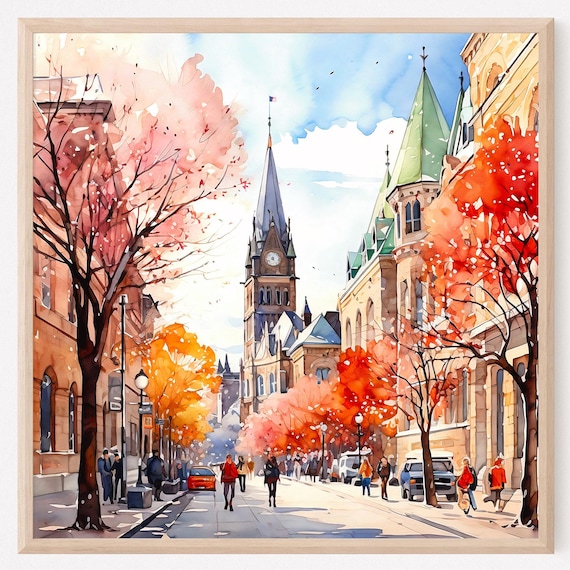Ottawa Canada Autumn Street Historic Clock Tower Watercolor Poster