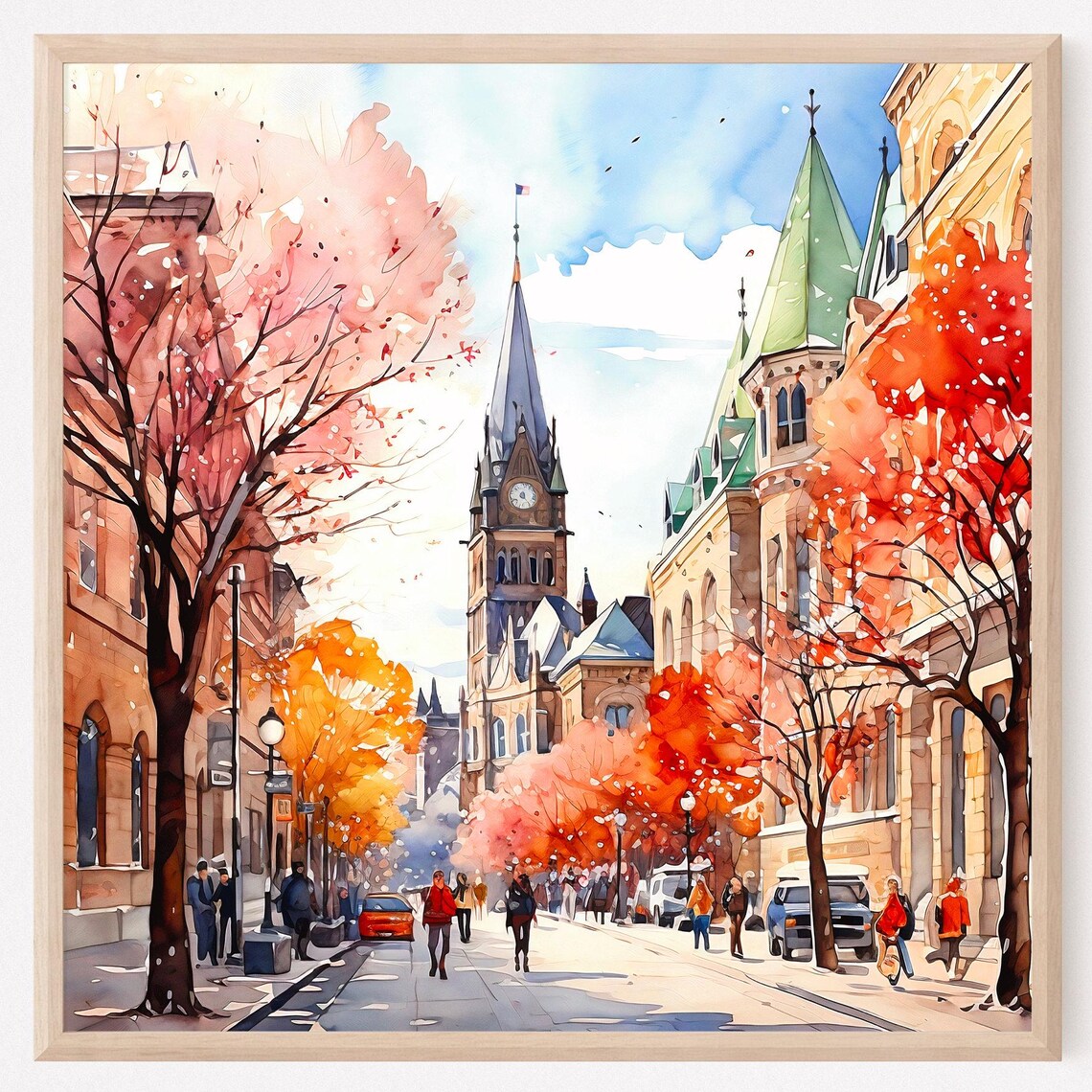 Ottawa Canada Autumn Street Historic Clock Tower Watercolor Poster