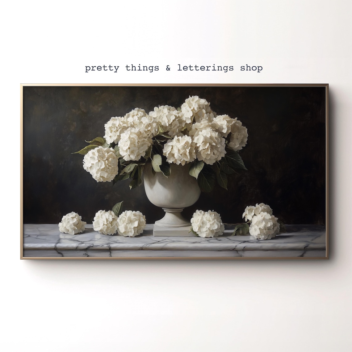 White Hydrangea Still Life Moody Dark Floral Urn Vase Poster