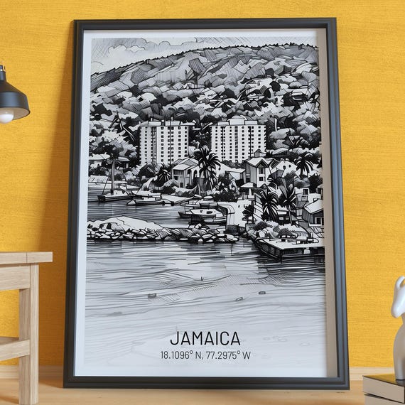 Jamaica Scenic Harbor Wall Art Coastal Architecture Travel Print Caribbean Poster