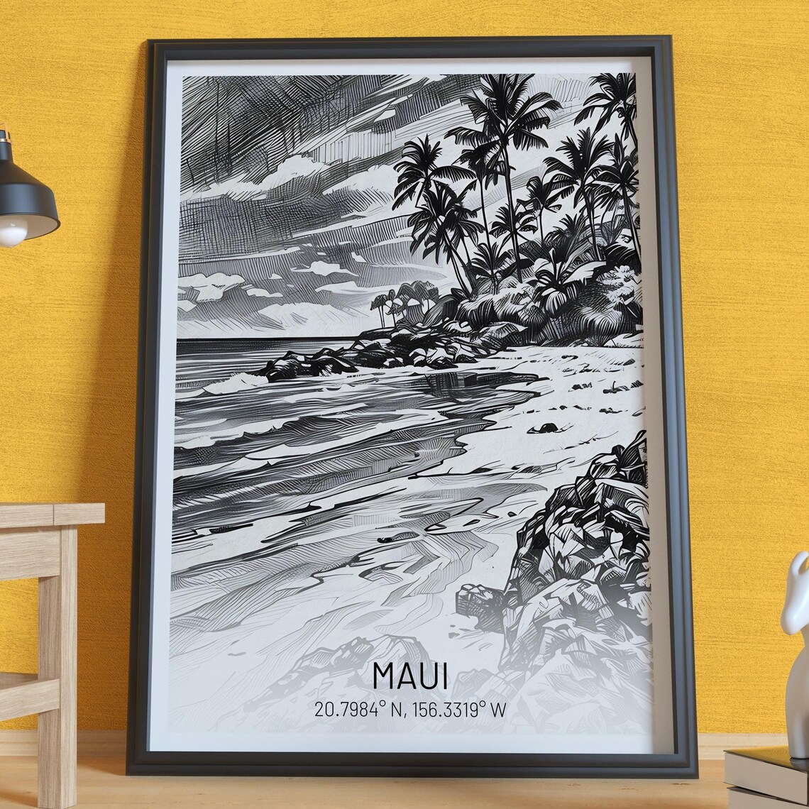 Maui Black And White Tropical Beach Coastline Poster
