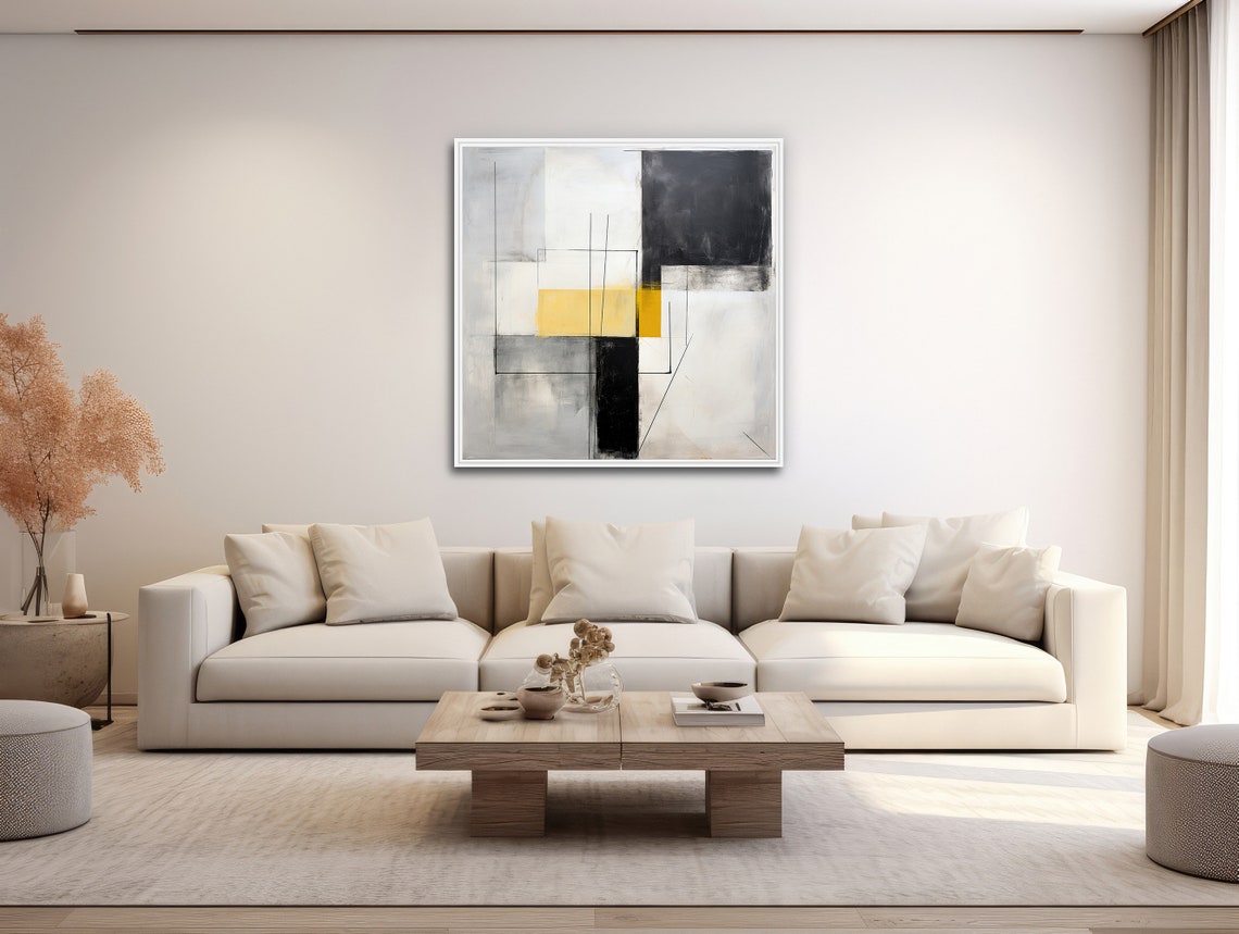Monochrome Geometric Rectangles Mustard Yellow Accent Art Poster - Image 3