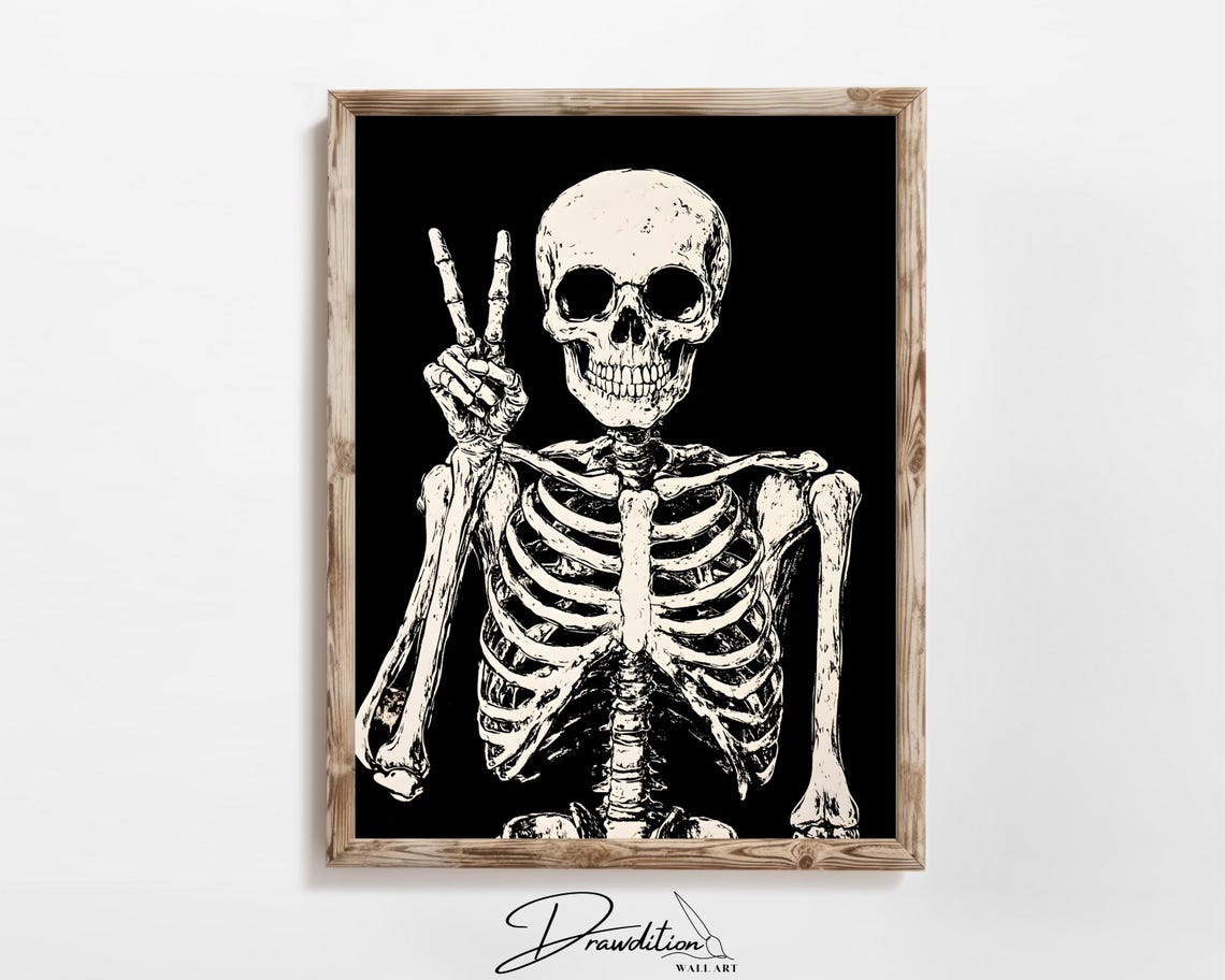 Skeleton Peace Sign Retro Black White Halloween Funny Skull Wall Art