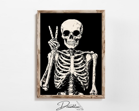Skeleton Peace Sign Retro Black White Halloween Funny Skull Wall Art