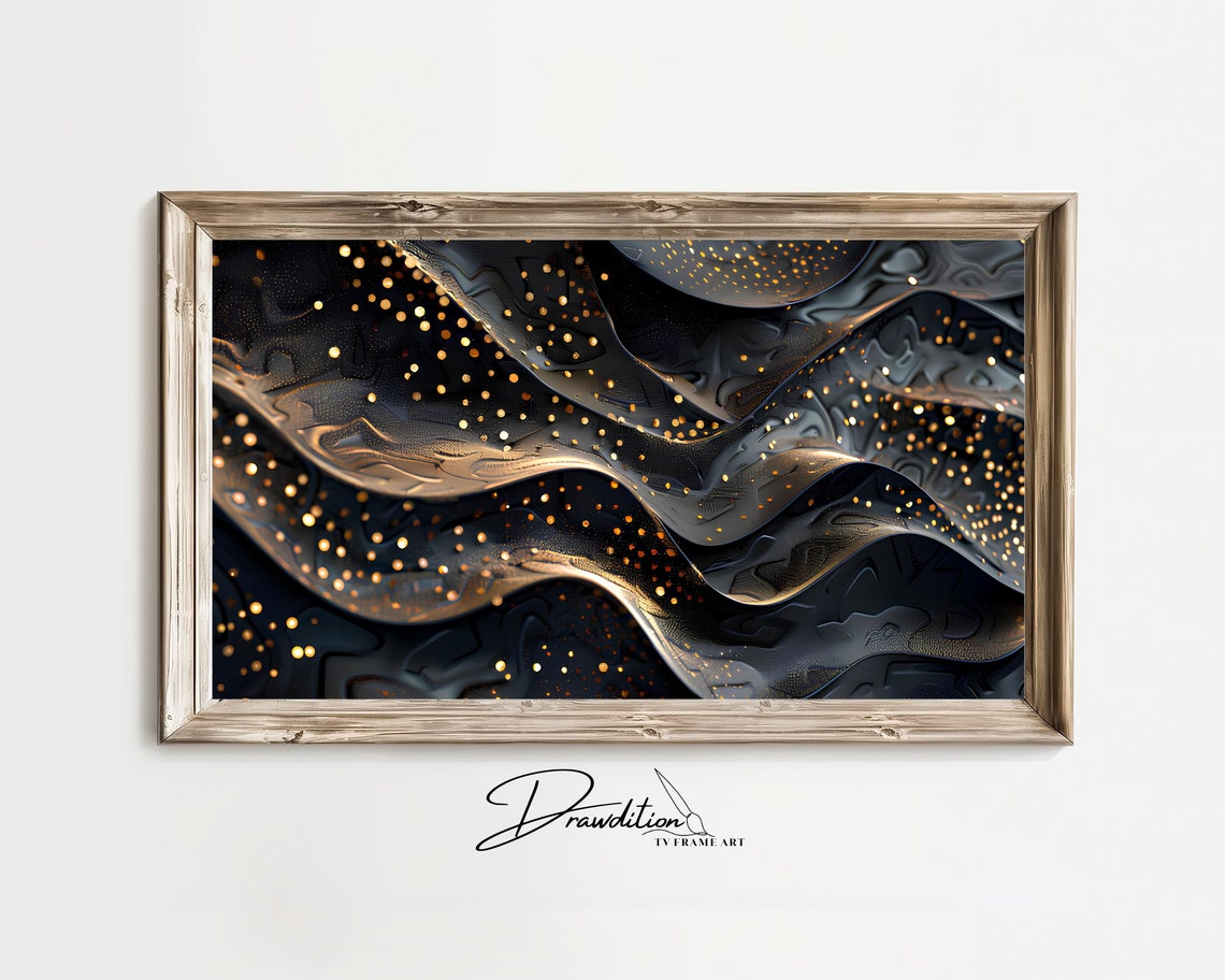 Black Gold Sparkling Dots Marble Waves Luxurious Abstract Wall Art