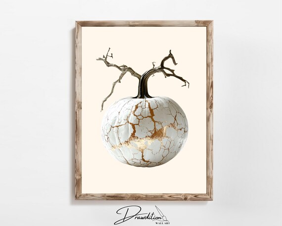 White Pumpkin Gold Crackle Kintsugi Style Minimalist Fall Wall Art
