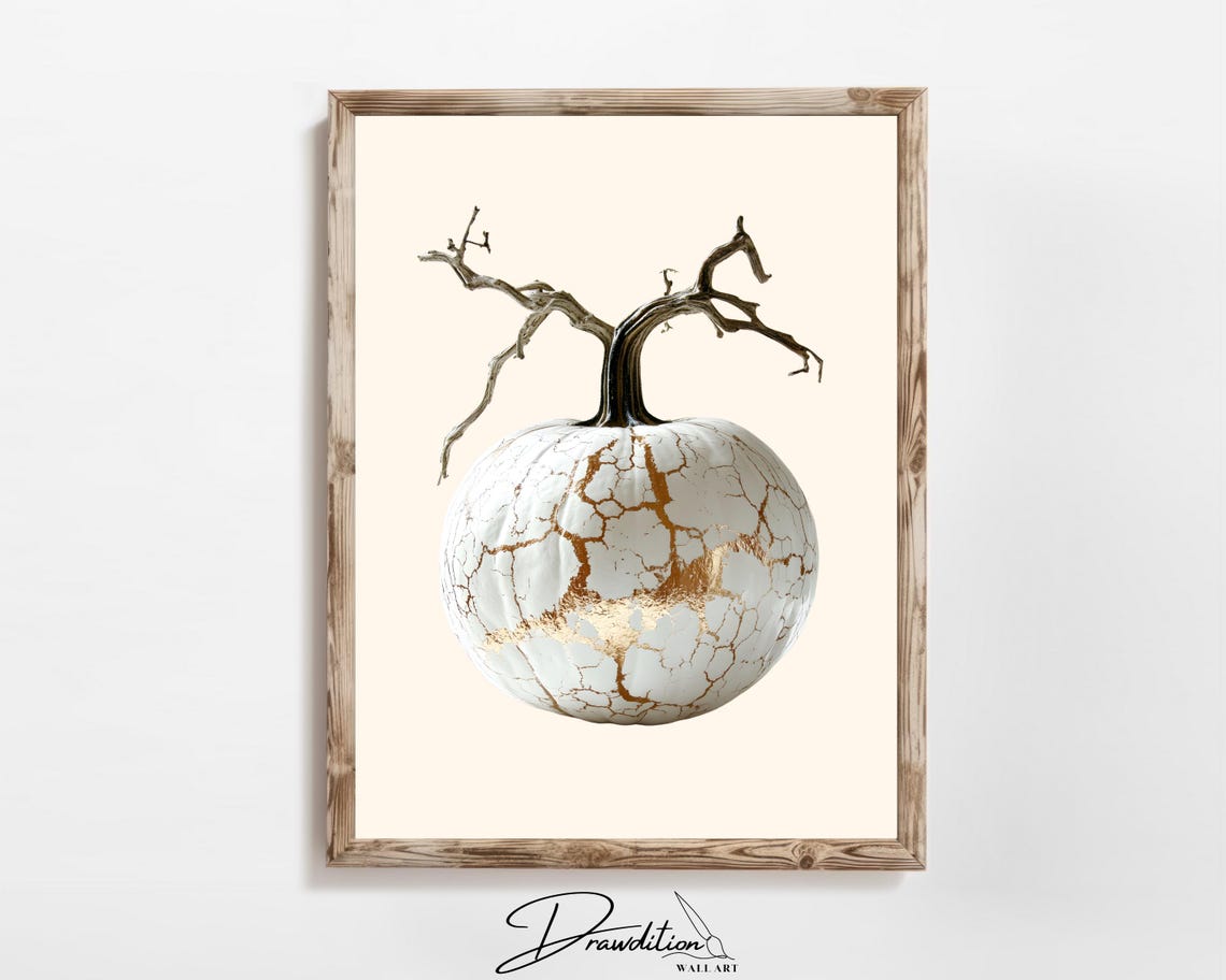 White Pumpkin Gold Crackle Kintsugi Style Minimalist Fall Wall Art