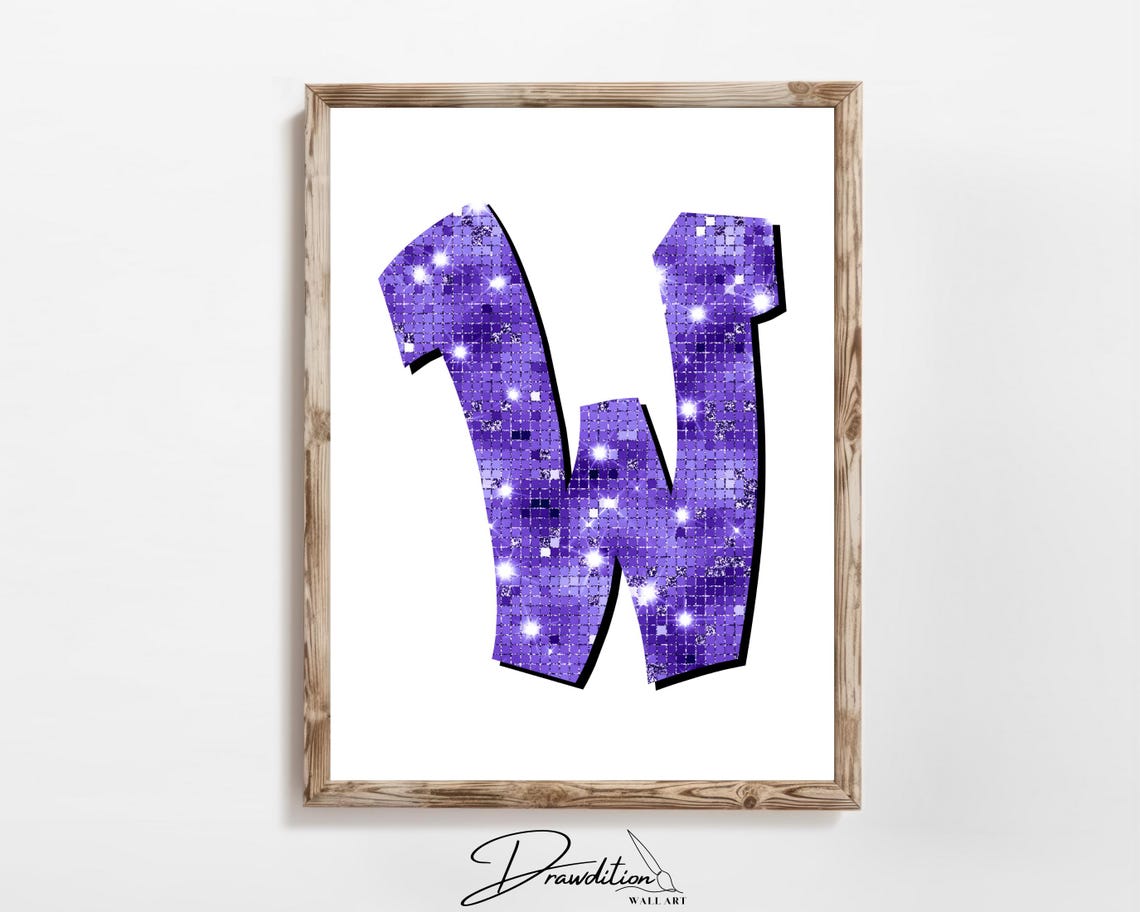 Letter W Purple Disco Sequin Glitter Monogram Sparkly Preppy Print