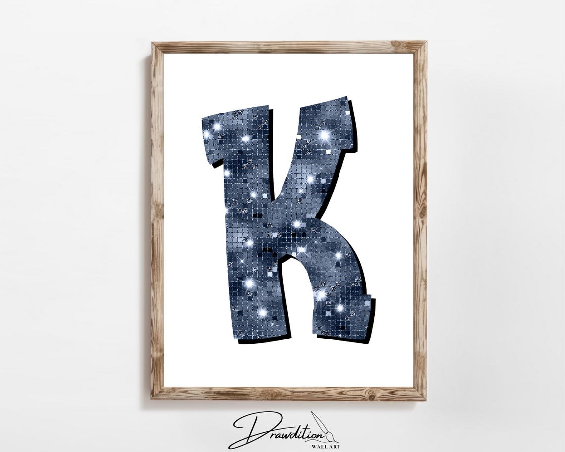 Navy Blue Disco Ball Mosaic Letter K Sparkly Monogram Wall Art