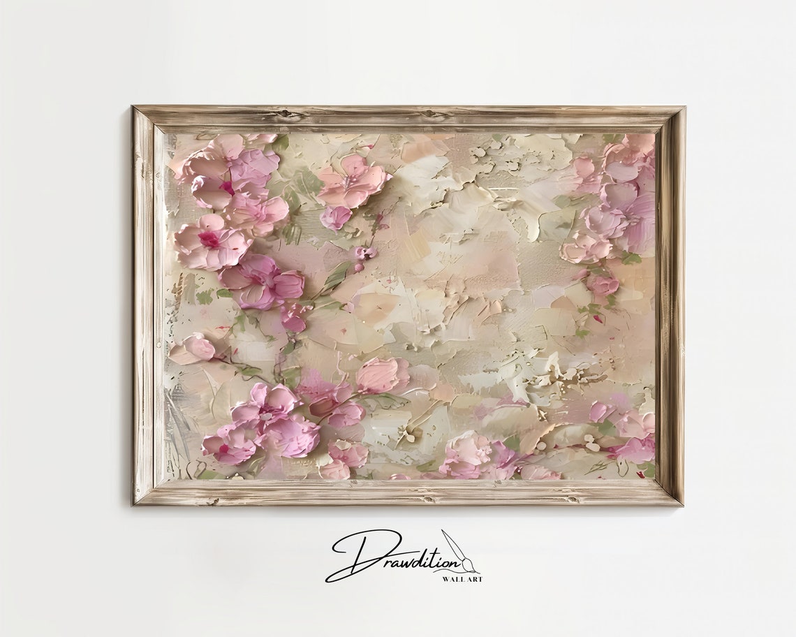 Rose Pink Blossom Branches Textured Vintage Floral Wall Art Painting