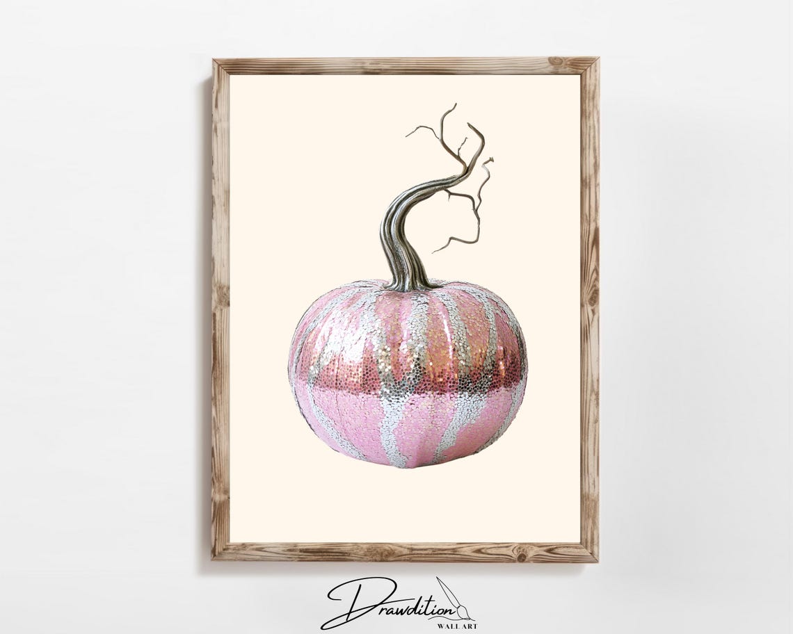 Pink Silver Disco Pumpkin Twisted Stem Glitter Fall Decor Poster