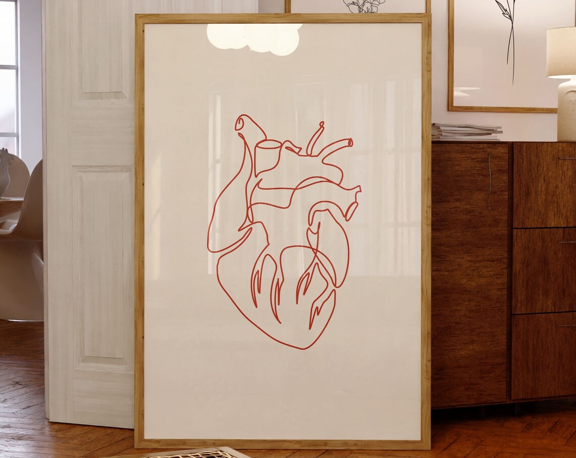 Anatomical Red Heart Line Art, Cardiology Poster