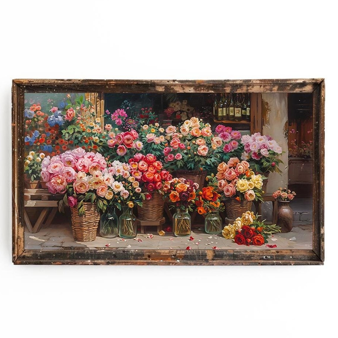 Colorful Flower Market Stall with Baskets of Fresh Blooms Poster