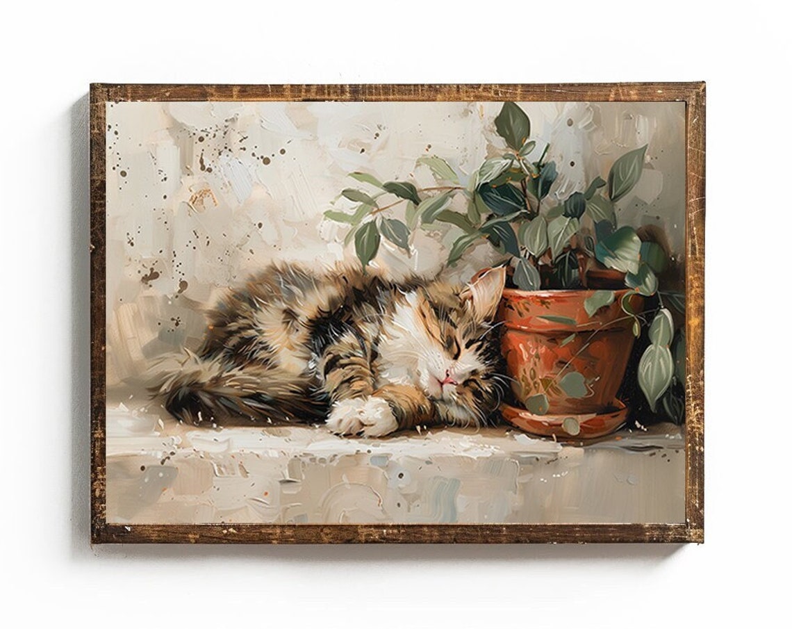 Fluffy Tabby Cat Sleeping by a Terracotta Potted Plant Poster