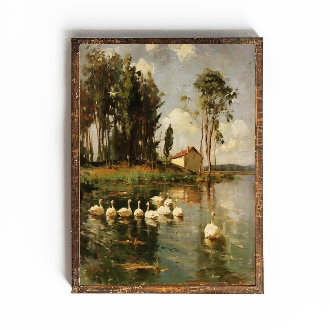 Flock Of White Swans On Lake Vintage Waterscape Painting Poster