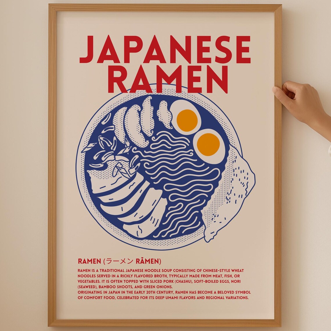 Japanese Ramen Bowl Egg Toppings Navy Red Vintage Food Menu Poster