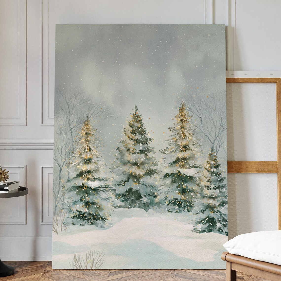 Snowy Evergreen Trees Winter Watercolor Glowing Forest Art Poster