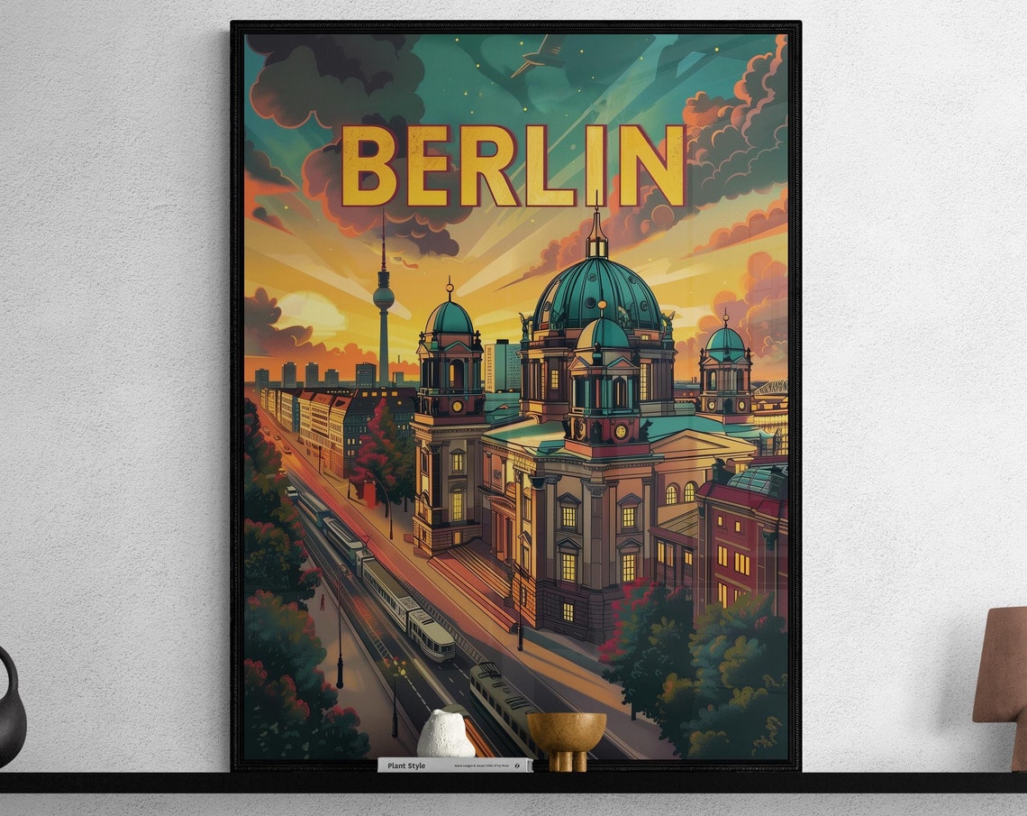 Berlin Cathedral Sunset River Boat Retro Germany Travel Poster