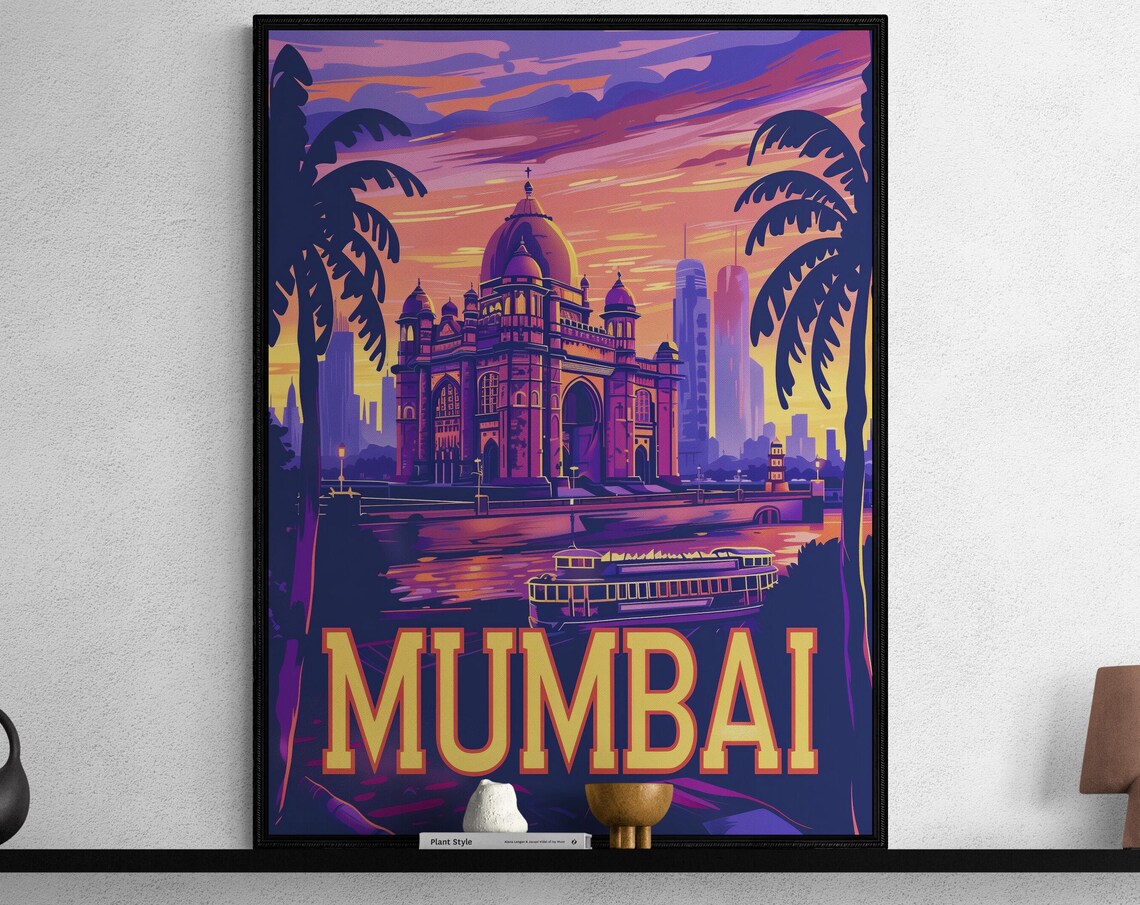 Mumbai Gateway of India Sunset Ferry Harbor Retro Travel Poster
