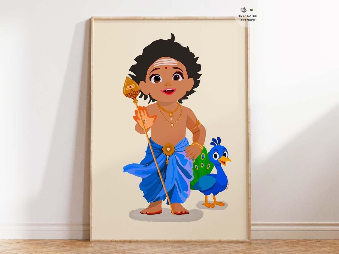 Baby Lord Murugan With Peacock Cute Hindu God Kartikeya Art Poster