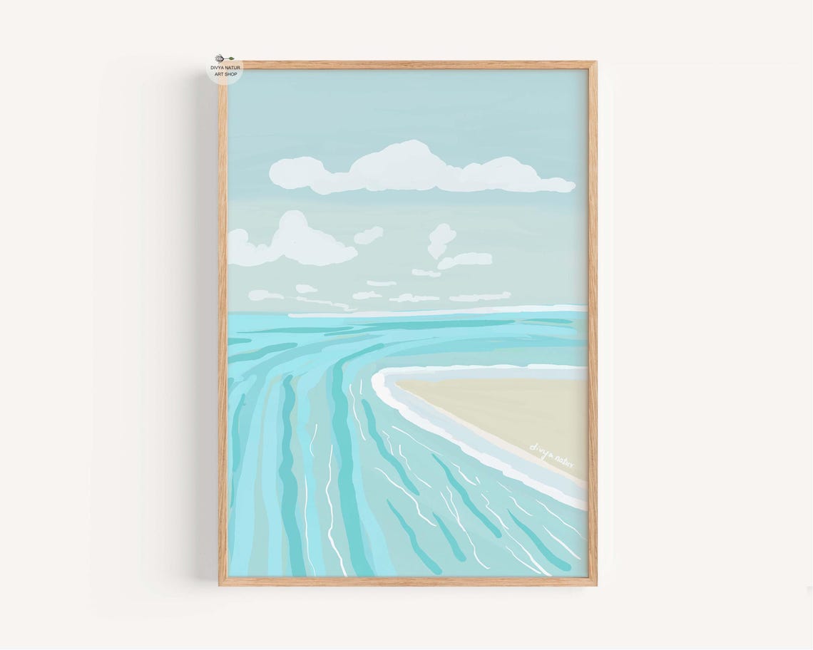 Minimalist Beach Illustration Aqua Ocean Sandbar Calm Sky Print