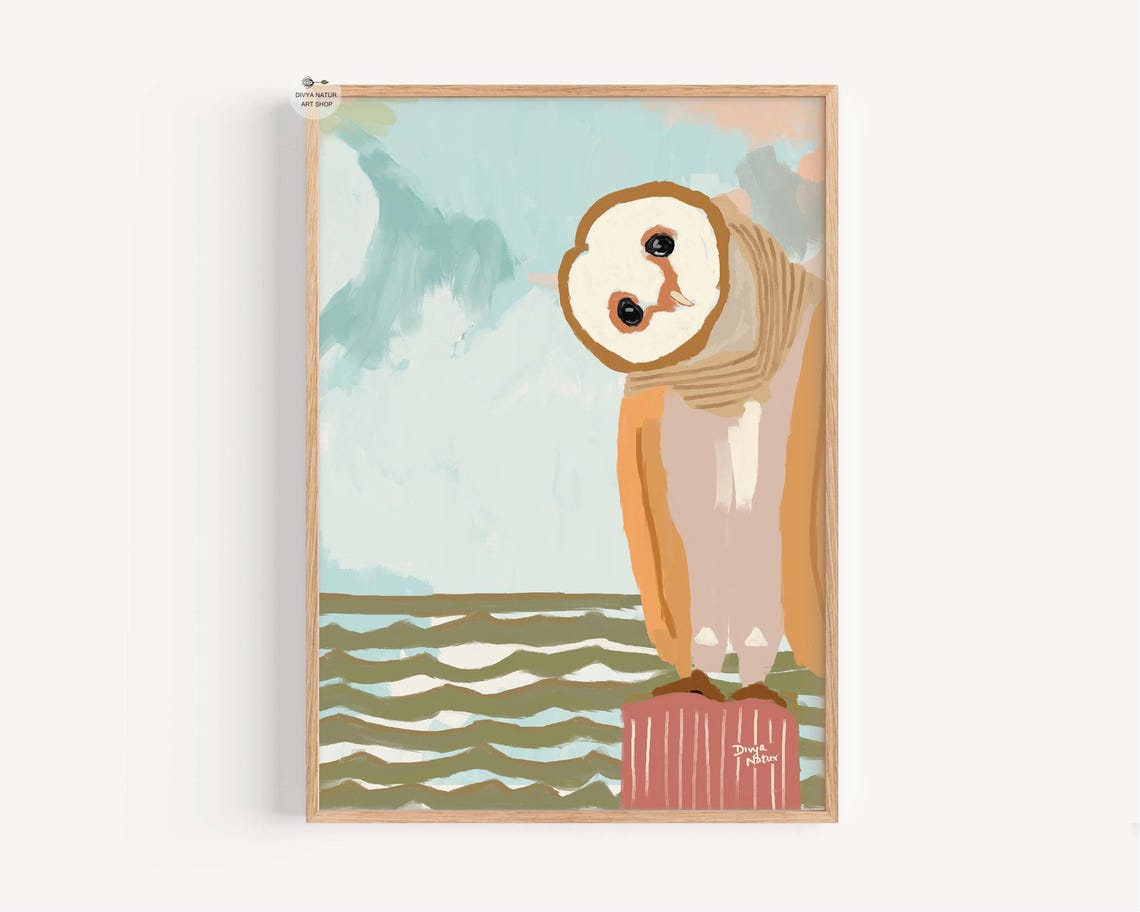Whimsical Barn Owl by the Sea Coastal Bird Nursery Art Poster