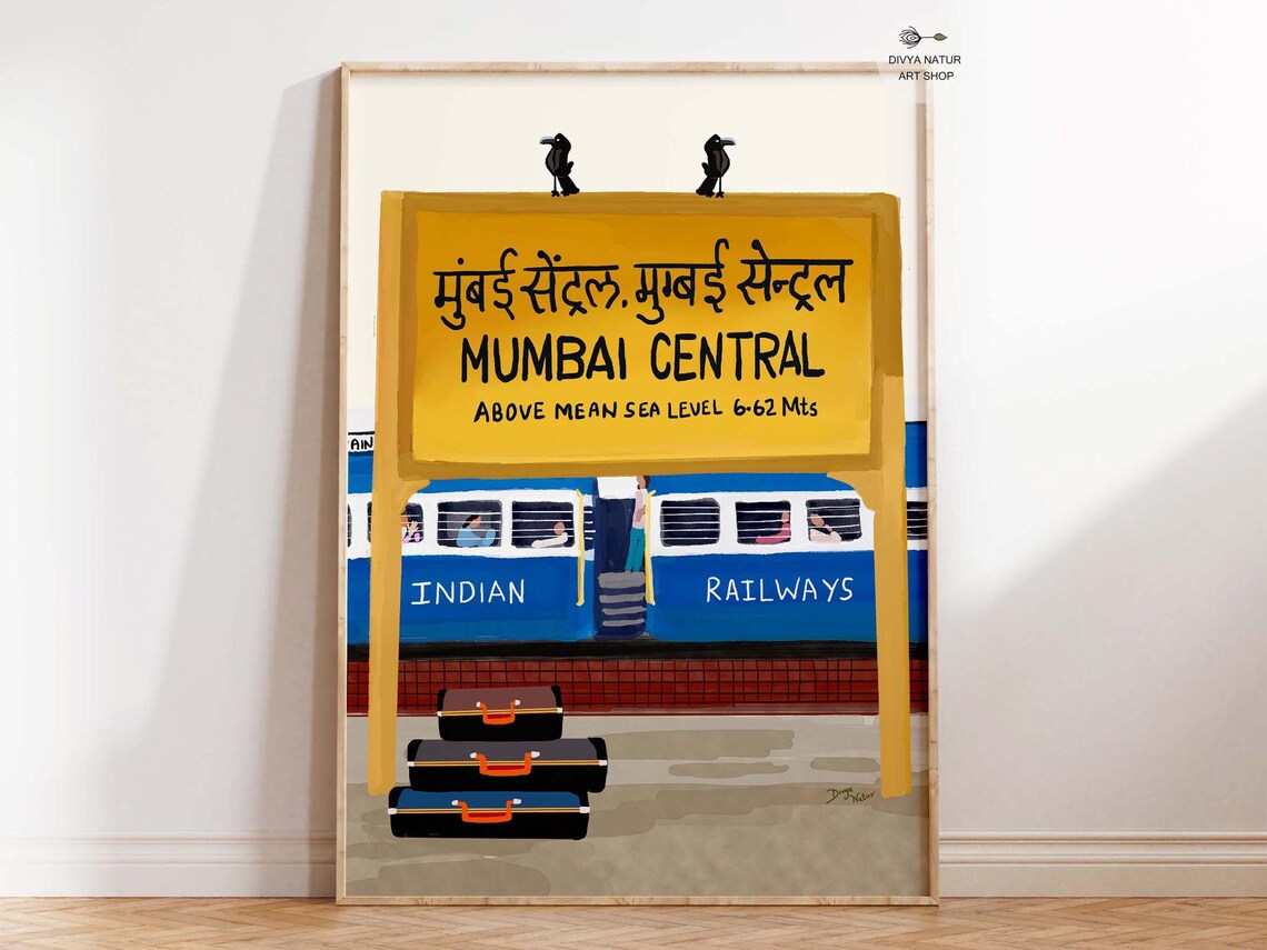 Mumbai Central Railway Station Sign Indian Railways Travel Poster