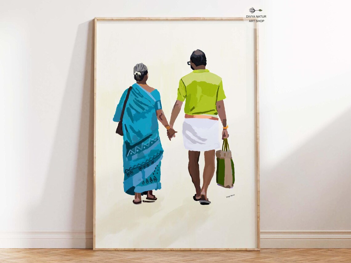 Elderly Indian Couple Walking Away Hand in Hand Love Art Print