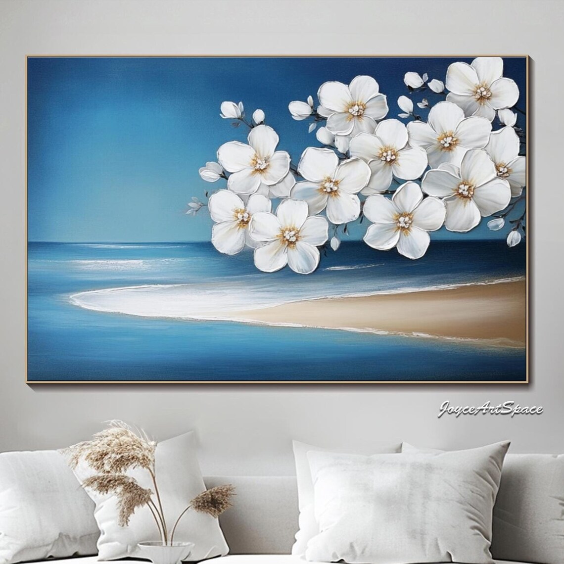 White Blossom Branch Ocean Shore Oil Painting Blue Coastal Floral Wall Art