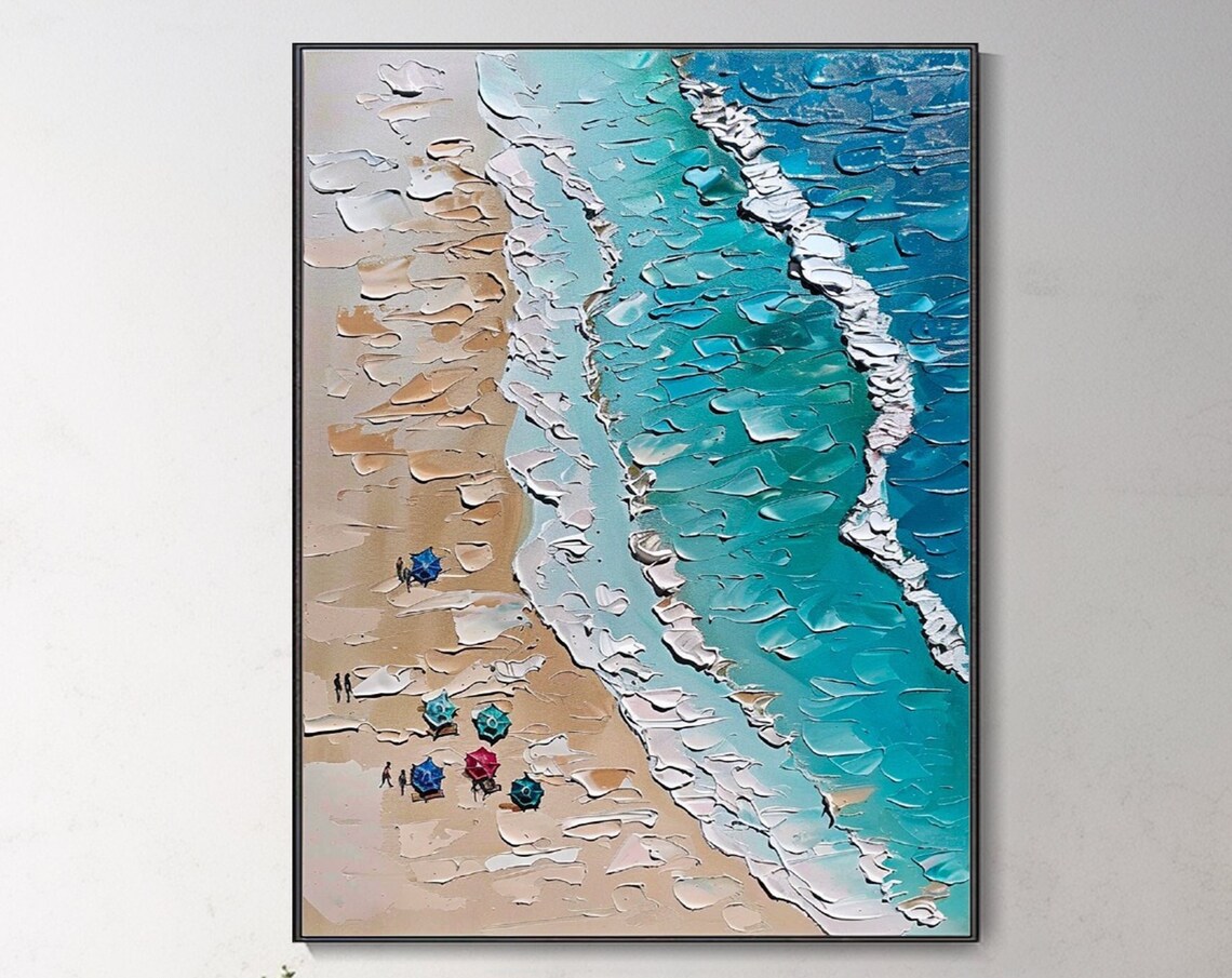 Aerial Beach Umbrellas Turquoise Waves Textured Impasto Wall Art